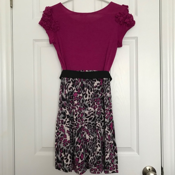 Cheetah Print Floral Shoulder Mini Dress Women's XS/S Girls 14 Pink With Belt - Picture 7 of 8